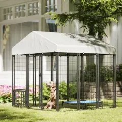 PawHut Outdoor Dog Kennel with Roof, 5.9' x 5.9' x 6' Heavy Duty Welded Wire Dog Playpen Fence with Rotating & 4-Level Adjustable Feeding Bowls