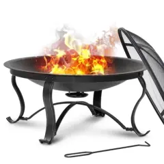SINGLYFIRE 30" Fire Pit Outdoor Burning Fire Bowl with Ash Plate, Spark Screen, Log Grate, Poker