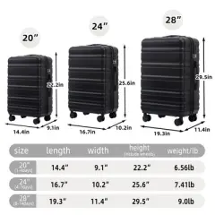 UBSSO 3-Piece Hardside Spinner Luggage Set with TSA Lock, 20" Carry-On, 24" & 28" Checked Suitcases (Black)
