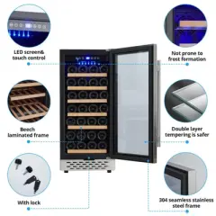15 Inch Wine Fridge, 28 Bottles Wine Cooler Refrigerator Built-In or Freestanding, Wine Refrigerator With Double-Layered Glass Door & Safety Lock
