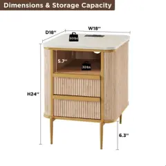 OKD Modern Nightstand w/Charging Station & Faux Marble Tabletop, Luxury Bed Side Table