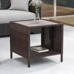Sonkuki Outdoor Patio Furniture, Square PE Rattan Wicker Side Table with Storage Shelf