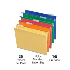 MyOfficeInnovations Hanging File Folders 5 Tab Letter Size Assorted 25/Box (875411)