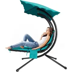 Hanging Chaise Lounge Chair, Ergonomic Outdoor Swing with Canopy & Cushion, Patio Garden Poolside, Dream Hammock + Mat