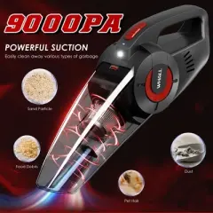 WHALL Handheld Cordless Car Vacuums, Wet and Dry Use 9KPa Strong Suction Vacuums, Rechargeable Portable Vacuum Cleaner with LED, Charging Dock, Red
