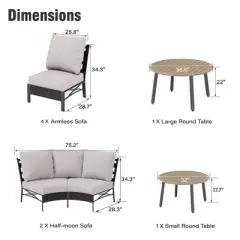 Captiva Designs Outdoor Half-Moon Sectional Patio Conversation Sets with 2 Round Table for Garden, Poolside, Balcony, Backyard