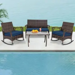 Tangkula Set of 4 Wicker Rocking Set 2 Patio Rattan Rocker Chairs w/Loveseat & Coffee Table Heavy-Duty Metal Frame & Bungee Rope Seat Navy