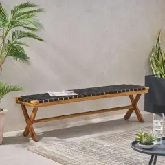 Acacia Wood Outdoor Bench,Rectangle Garden Wooden Side Bench With Weave Rope Seat And X Cross Frame,Solid Acacia Wood Patio Bench-Coolbibila