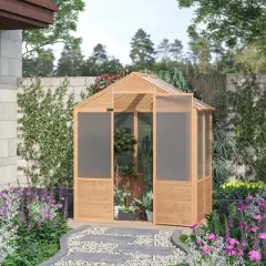 Outsunny 6.2' x 3.9' x 6.9' Polycarbonate Greenhouse, Walk-in Hot House Kit with Lockable Door, 5 Level Wind Resistant Wooden Frame, Natural Wood