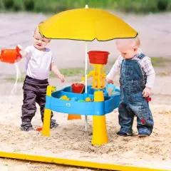 Qaba Kids 2-in-1 Water Table 25Pcs Sand Table Enlarged Sized Indoor Outdoor Play Table with Adjustable Sun Umbrella, Multi-colored