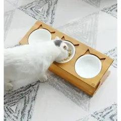 Fairyland&trade; - Elevated Triple Bamboo Pet Feeder with Ceramic Bowls &ndash; Raised Stand for Food & Water