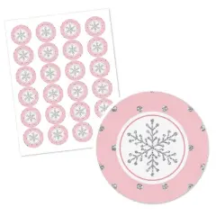 Big Dot of Happiness Pink Winter Wonderland - Holiday Snowflake Birthday Party or Baby Shower Circle Sticker Labels - 24 Count