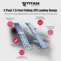 Titan Ramps 2 Pack 7.5 Foot Folding ATV Loading Ramps, Arched Aluminum Design, Portable and Heavy Duty with 1,500 Pound Weight Capacity, Silver