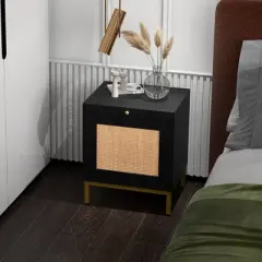 Set of 2 Rattan Night Stands, Modern Farmhouse End Tables with Tray, Storage Shelf for Entryway, Bedroom, Living Room