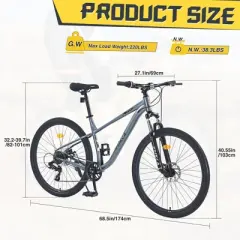 27.5 Inch Mountain Bike, 8-Speed Trail Commuter City Mountain Bike With Front And Rear Double Disc Brakes, Suspension Fork And Rear Derailleur