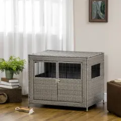 PawHut Rattan Dog Crate with Double Doors, Wicker Dog Cage with Large Entrance and Soft Cushion, Dog Kennel for Medium to Large Sized Dogs, Gray