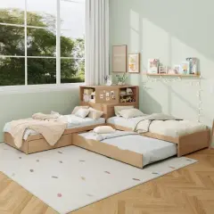 L-Shaped Combination Twin Size Bed Frame with Trundle & Drawer, 3-in-1 Low Corner Platform Bed Linked with Built-in Desk - ModernLuxe