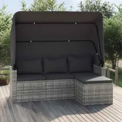vidaXL 3-Seater Patio Sofa Set with Adjustable Roof, Footstool & Poly Rattan Finish in Gray - Weather-Resistant Outdoor Lounger