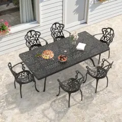 (7-PC)Premium Black Cast Aluminum Patio Set - Weather-Resistant Outdoor Table & Chairs with Beige Cushions