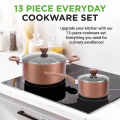 NutriChef 13-Piece Nonstick Cookware Set with Lids and Utensils - Stylish Brown
