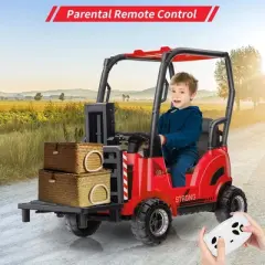 Garvee Kids Ride on Forklift Car with Tent, 12V Electric Ride On Construction Car with Remote Control, Liftable Fork and Pallet