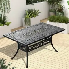 Gulches Patio Dining Tables - Black Rectangular Table with Umbrella Feature