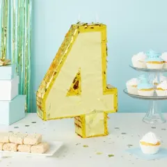 Blue Panda Gold Foil Number 4 Pinata for 4th Birthday Party Decorations, Anniversary Celebrations (15.5 x 11 x 3 In)