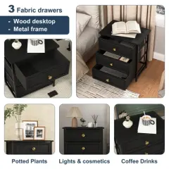 Resenkos Night Stand,Bedside Table, Nightstand with 3 Drawers, Night Stand for Bedroom,Bedside Table with Fabric Bins, Leather Finish