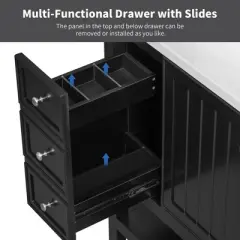 36" Freestanding Bathroom Vanity Base Only, Black Solid Wood & MDF Cabinet with 1 Door, 3 Drawers & Open Shelf, No Sink