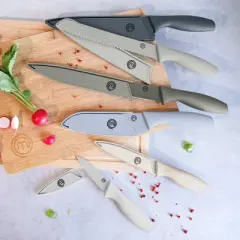 MasterChef 12pc Knife Set with Covers Sharp Nonstick Coated Knives Earth Gray Collection: Stainless Steel Blades, Rubber Handles, Kitchen Knife Sets