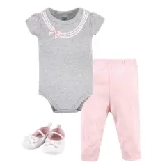Little Treasure Baby Girl Cotton Bodysuit, Pant and Shoe 3pc Set, Gray Pink Pearls