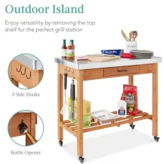 Best Choice Products Mobile Outdoor Table and Storage Cabinet w/ Hooks, 4 Wheels, Stainless Steel Top - Stained Brown