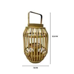 Essential Decor & Beyond 11.8" Natural Bamboo Glass Candle Holder Tabletop Lantern With Metal Handle