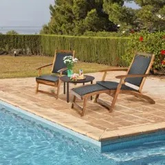 Tangkula 2PCSPatio Folding Rattan Chaise Lounge Chair Acacia Wooden Frame W/ Retractable Footrest for Poolside&Patio
