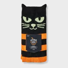 Women's Black Cat with Glow-in-the-Dark Eyes Striped Halloween Crew Socks - Hyde and EEK! Boutique&trade; Black/Orange 4 - 10