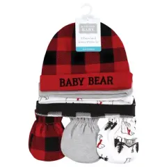 Hudson Baby Unisex Baby Cotton Cap and Scratch Mitten Set, Buffalo Plaid Bear, 0-6 Months