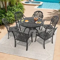 7-Piece Cast Aluminum Outdoor Dining Set: Round Table, Stackable Chairs & Brown Cushions - All-Weather Patio Furniture for Your Backyard