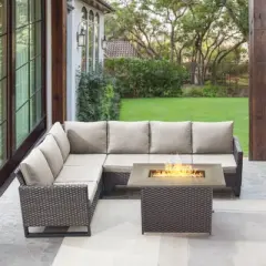 POCASSY All Weather Brown Wicker Outdoor Sectional Sofa with Fire Pit Table, 4PCS Patio Furniture Set with 41" Propane Firepit Table for Outside