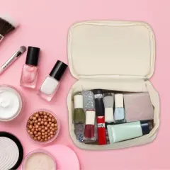 Unique Bargains Canvas Portable Travel Wood Grain Pattern Makeup Bag Beige 8.54"x3.94"x6.02" 1 Pc