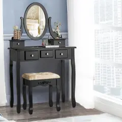 Tangkula Vanity Table Set w/ 360&deg; Rotating Oval Mirror & Drawers Black/White