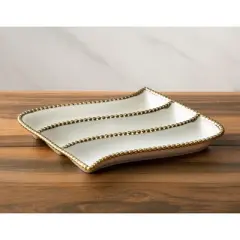 Classic Touch 11&rdquo; White Porcelain 3 compartment relish dish with Gold Beaded Border