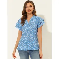 Allegra K Women's Summer V Neck Cap Short Sleeve Button Floral Print Shirt