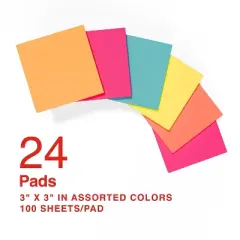 MyOfficeInnovations Stickies Standard Notes 3" x 3" Assorted 100 Sh./Pad 24 Pads/PK 24295902