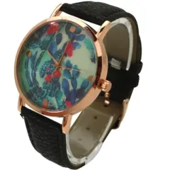BLACK COLORFUL CACTUS DIAL LEATHER STRAP WATCH