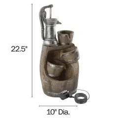 Nature Spring Old-Fashioned Hand Pump and Barrel 4-Tier Fountain With Cascading Waterfall and LED Lights - Brown