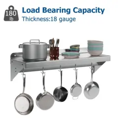 12"x24" Stainless Steel Shelf,Multifunctional Metal Wall Mounted Shelf with 2 Stainless Steel Backsplashs and 5 Hooks