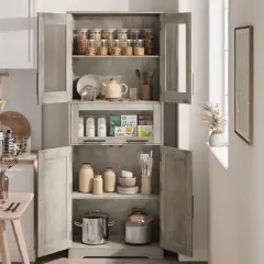 Pantry Cabinet, Tall Bathroom Storage Cabinet with Glass Doors and Adjustable Shelf, Freestanding Cupboard Tall Linen Cabinets