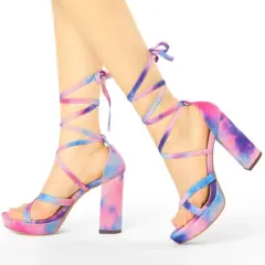 Allegra K Women's Tie Dye Platform Chunky Heel Lace Up Sandals