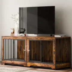 VEVOR 75" Dog Crate Furniture for 2 Dogs, Extra Large Double Dog Crate Furniture, Large Wooden Dog Crate Furniture TV Stand,  Brown