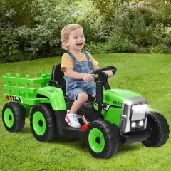 Costway 12V Kids Ride On Tractor with Trailer Ground Loader w/ RC & Lights Red\Pink\Green